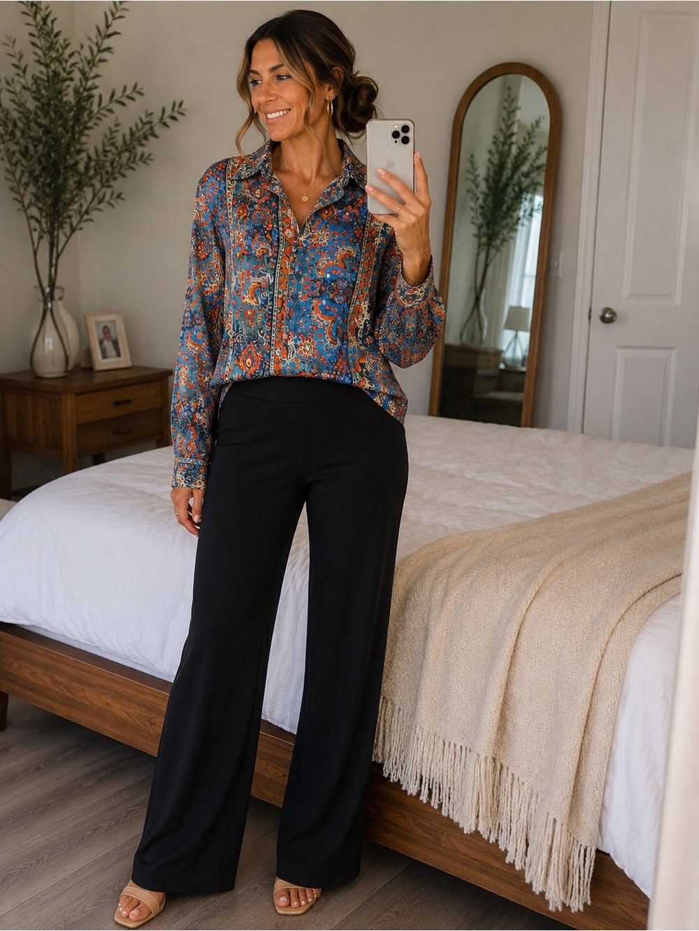 Boho Paisley Button-Up Blouse | Blue & Orange Print | Size Small | Long Sleeve